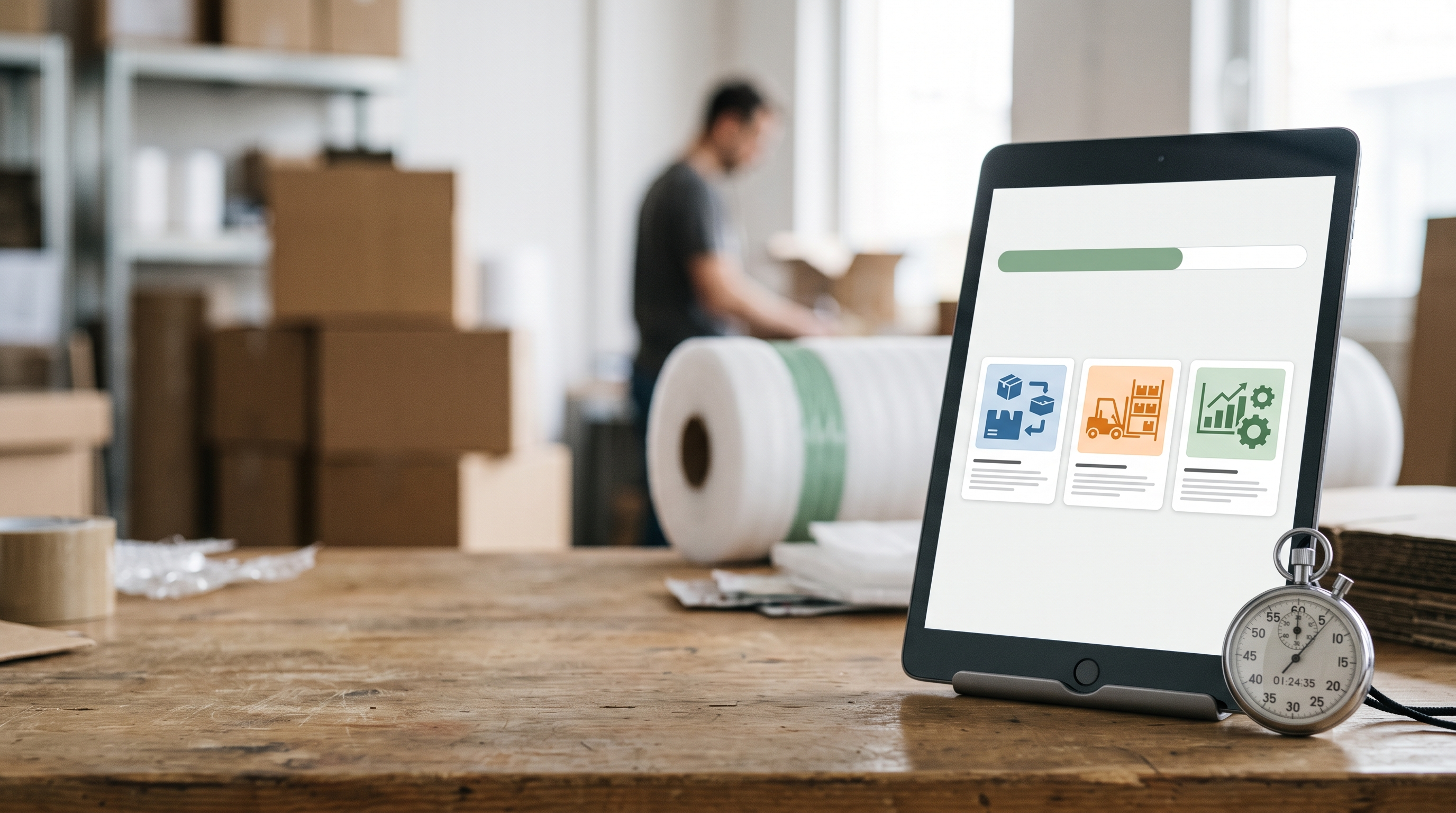 Motiv 3: Tablet mit Check-Oberfläche und Stoppuhr