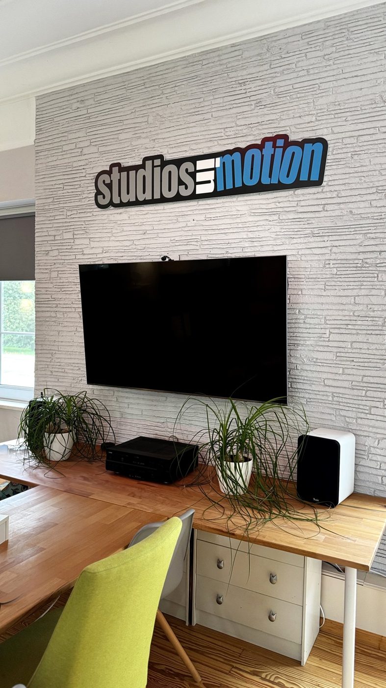 Steinwand mit TV und Logo – bearbeitet