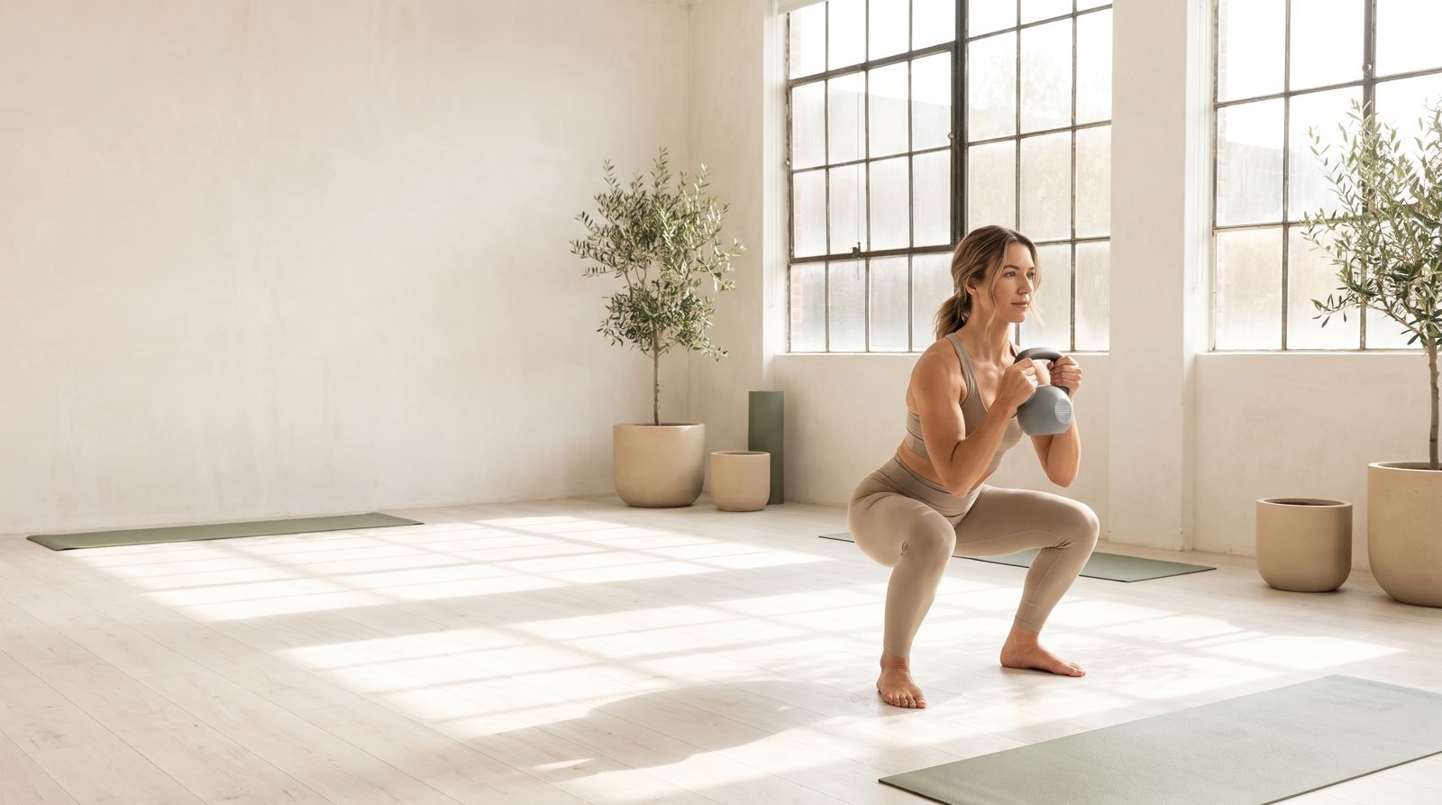 Frau bei der Kniebeuge mit Kettlebell in einem hellen Studio