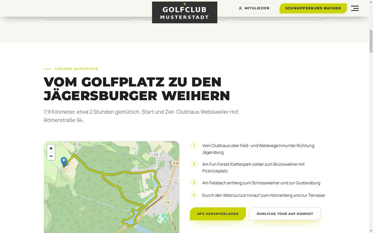 Seite Wandern und Radfahren mit Rundtour-Karte