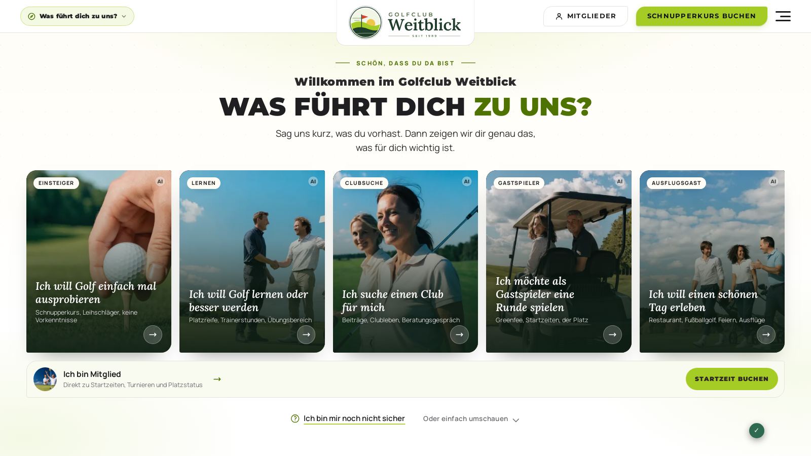 Startseite mit der Frage: Was führt dich zu uns? und sechs Antworten
