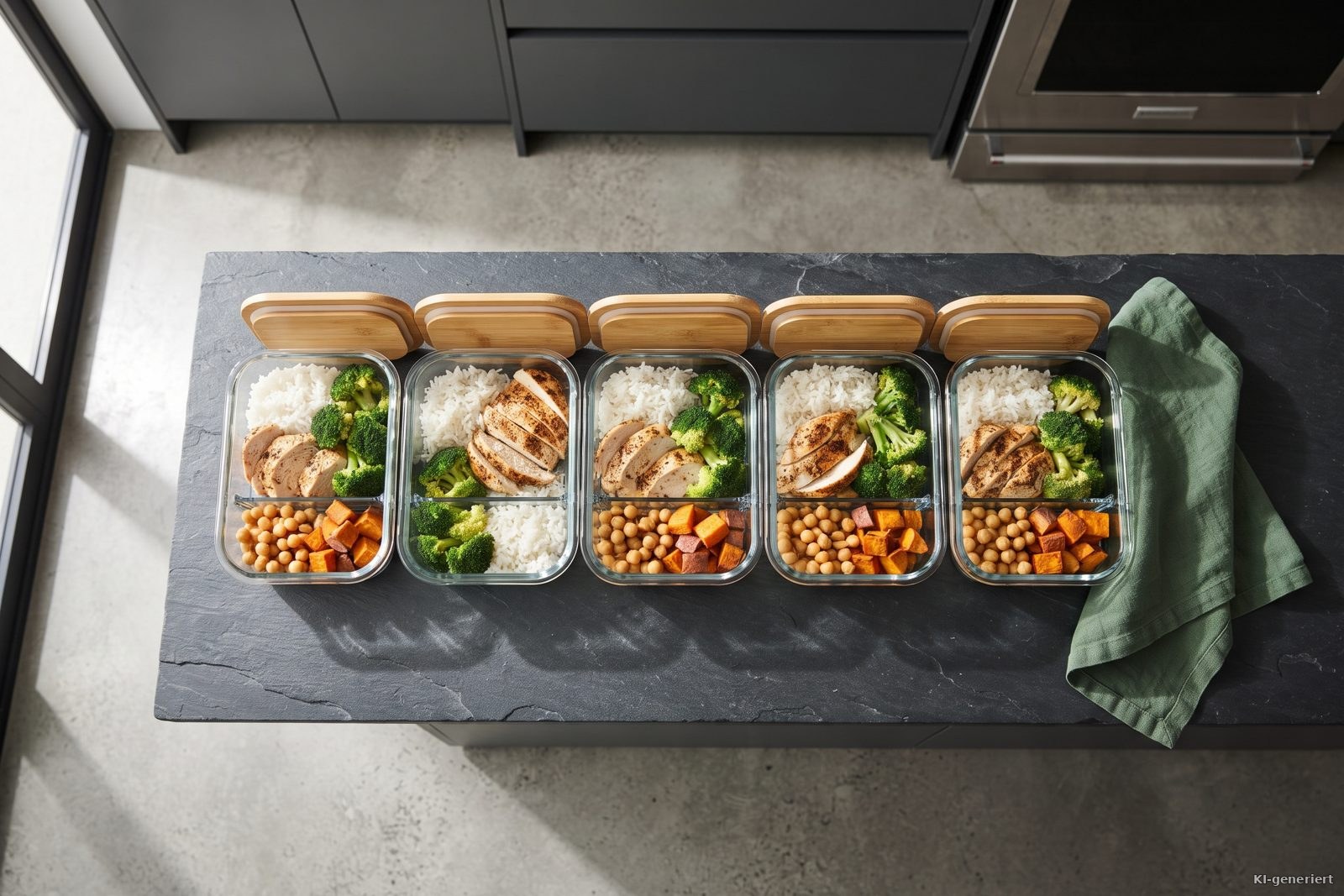 Fünf Meal-Prep-Boxen auf einer Schieferplatte
