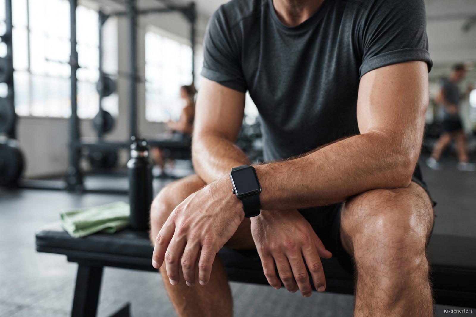 Mann mit Fitnessuhr auf einer Trainingsbank